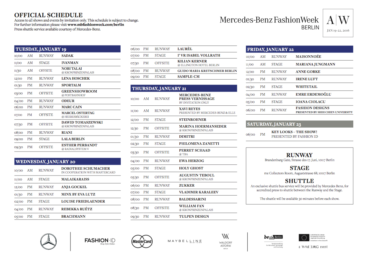 Schedule Shows Mercedes-Benz Fashion Week Berlin