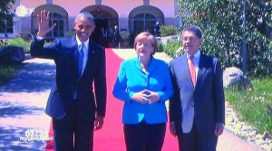 7. Juni 2015, Barack Obama und Angela Merkel mit Ehemann begrüßen die G7 Gäste auf Schloss Elmau